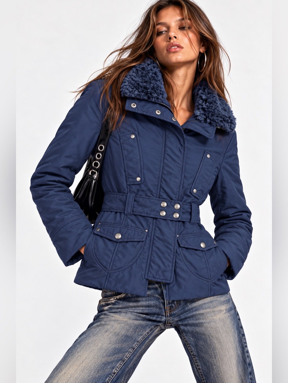 Vintage Miss Sixty Collection Y2K Navy Belted Faux Fur Collar Jacket M
